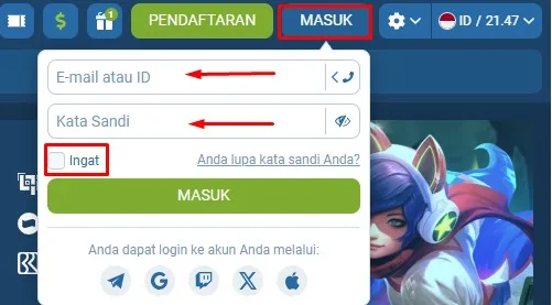 1xBet login Melalui Browser di Komputer